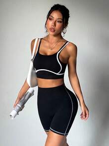 Dewbera Dewbera 2pcs/Set Seamless High Elasticity Sports Fitness Yoga Bra And Shorts Set - Black - View 6