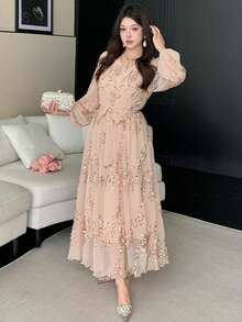 DAZY 女士优雅亮片V领系带中长连衣裙，春夏婚礼宾客礼服闪亮长裙 - 粉色 - 查看 7