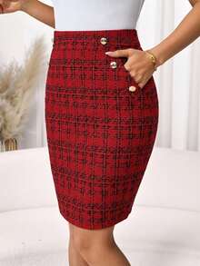 Editum Damen elegenter Kunstleder-Rock mit Metall-Schnalle und Tasche, geeignet für den Arbeitsweg, den Alltag, den Sommer - Rot - Übersicht 9