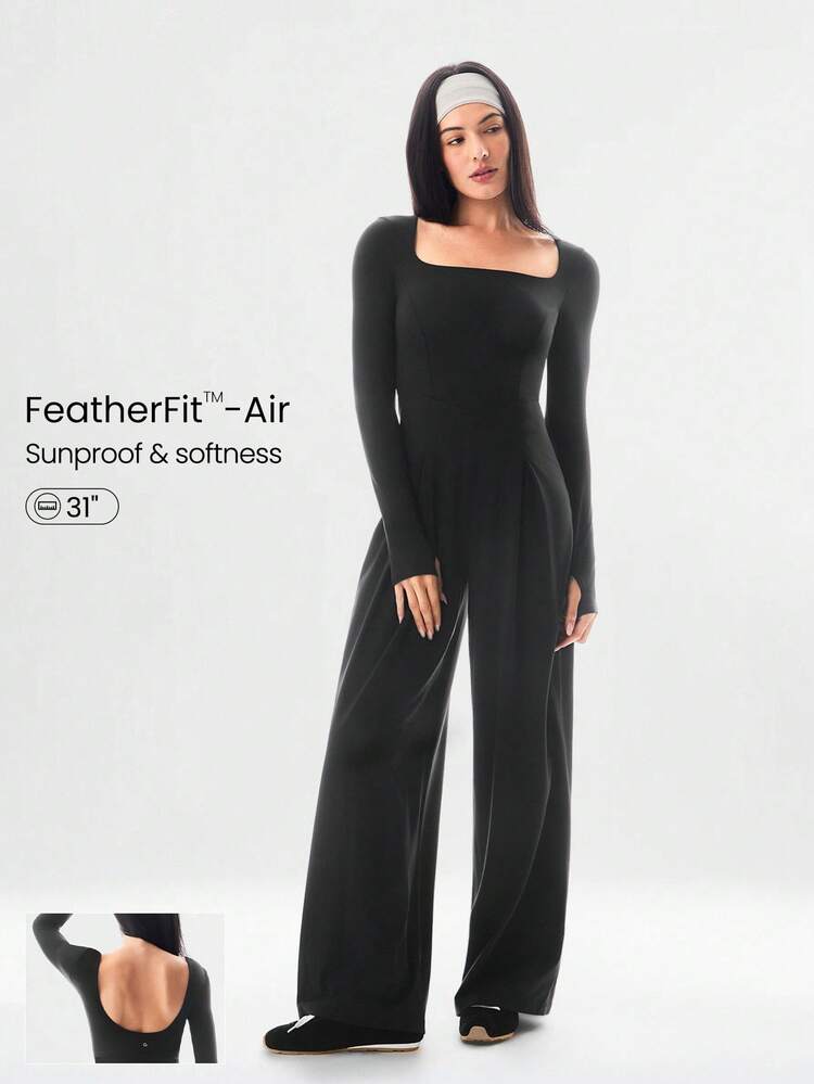 FeatherFit™-Air 日よけ 作業着 フロー スクエアネック オープンUバック ワイドレッグ 長袖ボディスーツ サムホール付き デイリーカジュアルウェア 取り外し可能なカップ