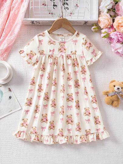 SHEIN 可爱休闲针织卡通熊图案短袖连衣裙，适合女婴