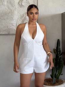 Maria Perezxox White Halter Deep V Jumpsuit With Flared Pants, Short Style For Women - White - View 4