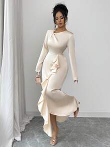 Rafferiza 女士优雅纯色长袖连衣裙，女士修身侧边荷叶边系带露背设计长款连衣裙，适合日常、通勤、约会、派对等场合，尽显奢华温柔风格 - 杏色 - 查看 8