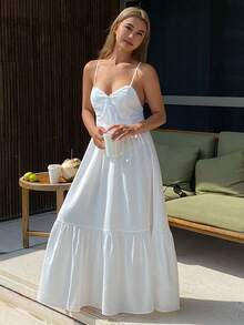 DAZY Vestido largo de noche con tirantes finos y encaje estilo vacaciones románticas para mujeres - Blanco - Ver 4
