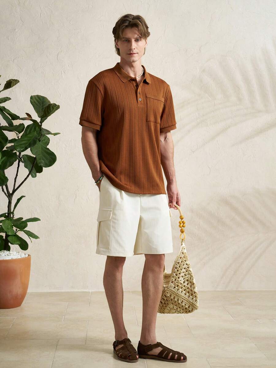 TONEVAULT 男士焦糖棕色短袖针织 Polo 衫,带胸袋和纽扣门襟 - 透气、柔软、舒适,常规版型,经典翻领 Polo 衫,适合夏季休闲商务场合 - 棕色 - 查看 1