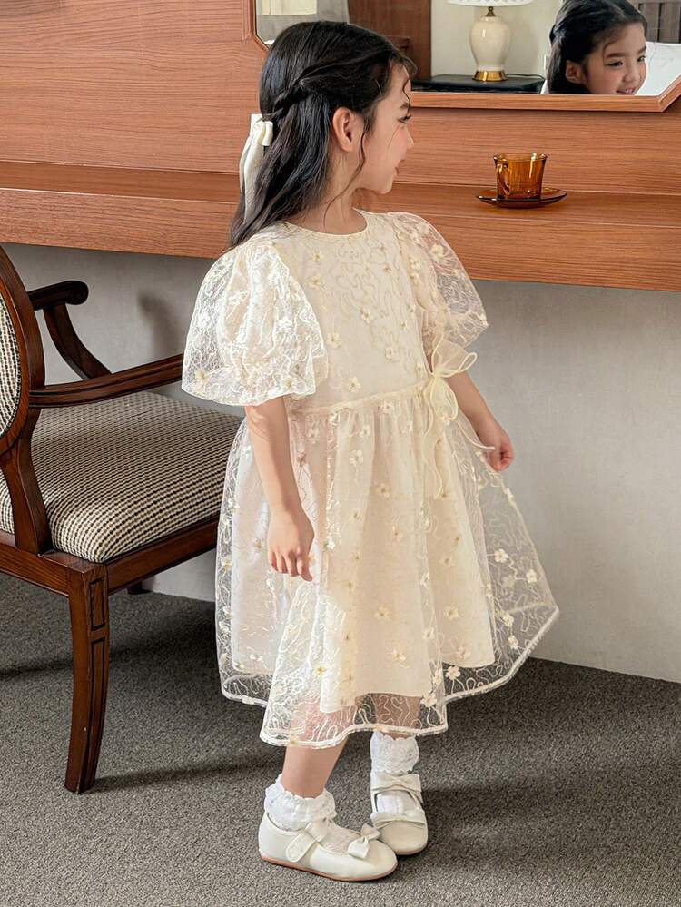 Young Girls Round Neck Flocked & Mesh Patchwork Bow Puff Sleeve Party Dress