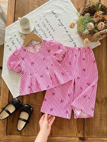 LMoss Kids Babygirl Cute Summer Bow Tie Striped Short Sleeve Top And Elastic Waist Pants Set - Purple - View 1