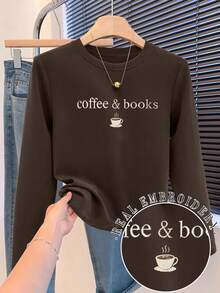 Resyla Fashionable Casual Round Neck Coffee & Books Embroidered Women Short Long Sleeve T-Shirt - Rust Brown - View 1