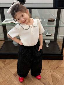 DAZY Young Girl Peter Pan Collar Short Sleeve Solid Color Korean Style T-Shirt Summer - Apricot - View 5