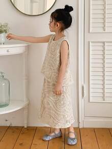 Dazy Kids 女童（小号）圆领蕾丝无袖上衣+半裙套装，精致韩版派对装 - 杏色 - 查看 3