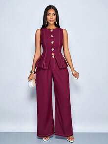 SOLERSUN 女士纯色极简无袖前金属纽扣腰部A字褶裥下摆背心和阔腿裤套装 - 酒紅色 - 查看 4