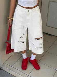 StreetHx Fashionable Casual Street Style Distressed Pocket Low-Waist 7/8 Length Jeans - White - View 5