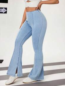 Flexra Women's Casual Washed Slim Fit Flare Leg Slit Jeans - Blue - View 5