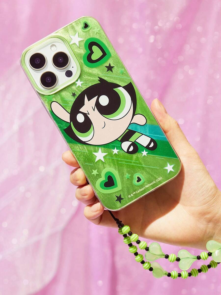 THE POWERPUFF GIRLS X SHEIN 卡通印花手机壳，带手机链，适用于 11-17 Pro Max - 淺綠色 - 查看 1