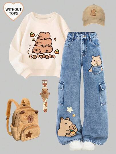 Girlism Tween Girls Capybara Cartoon Print Denim Jeans, Cute & Sweet Fashion For Everyday Wear, School, Weekends, Back To School Season, Vacation Multi-Pocket Relaxed Fit Washed Light Blue Denim Straight Leg Cargo Pants For Tween Girls,Fall Clothes,Christmas Pants,Fall Outfits,Girls Fall Winter Back To School Homecoming Jeans