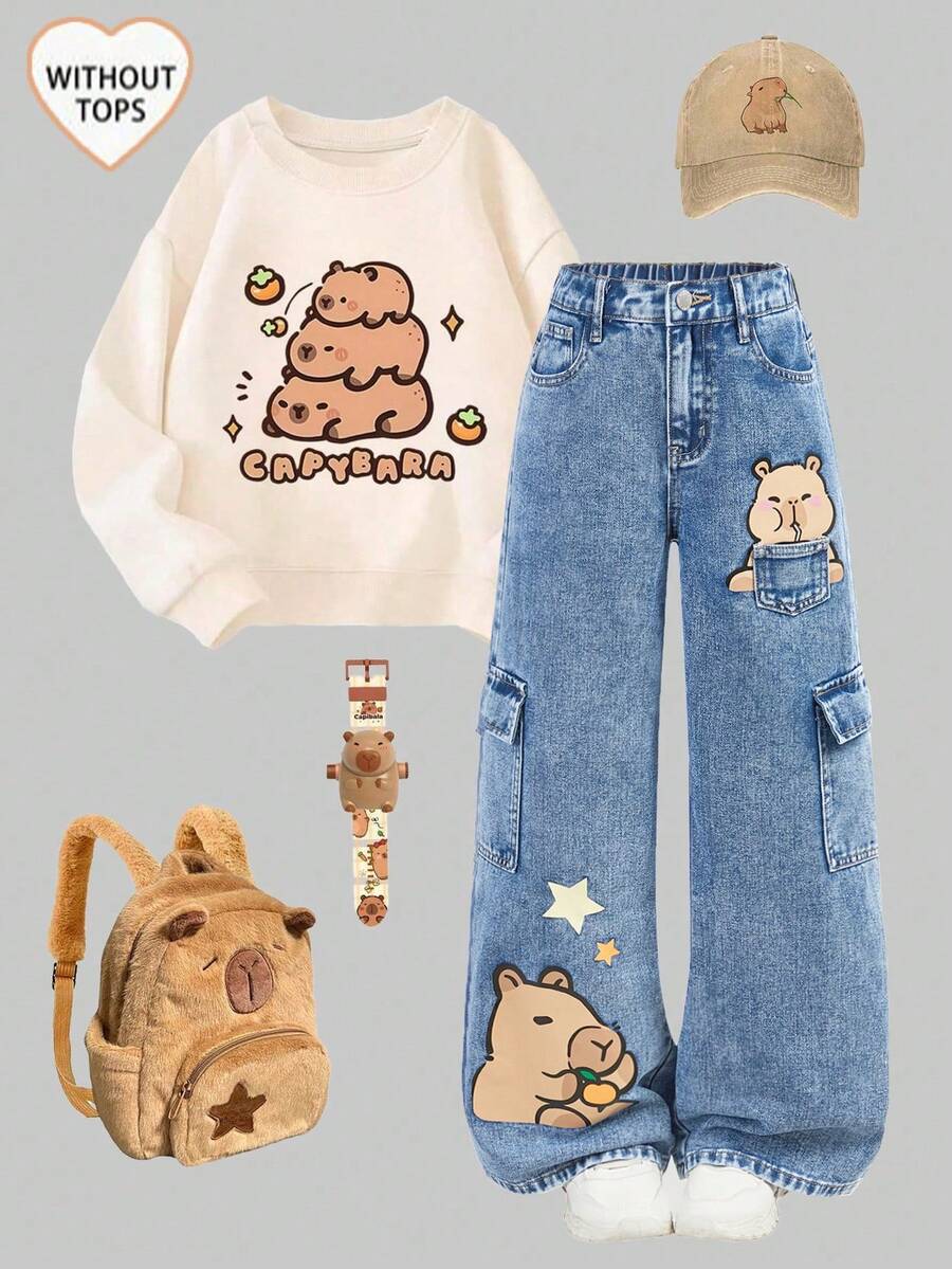 Girlism Quần jean denim in hình hoạt hình Capybara cho bé gái tuổi teen, thời trang dễ thương và ngọt ngào cho mặc hàng ngày, đi học, cuối tuần, mùa tựu trường, kỳ nghỉ. Quần cargo ống đứng nhiều túi, dáng rộng, màu xanh nhạt đã qua xử lý, thích hợp cho mùa thu, Giáng sinh, mùa thu đông, mùa tựu trường và các dịp lễ hội. - Rửa tối - Xem 1
