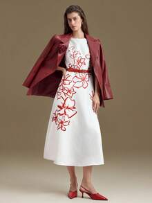 Ontre 2026新款春夏女式中长连衣裙，梭织面料，浪漫花卉印花，配腰带，时尚通勤，舒适简约，优雅 - 白色 - 查看 7