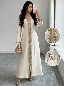 Elenzga 女士编织优雅长款秋季连衣裙 - 杏色 - 查看 1