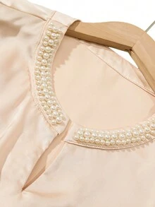 GlowEve Women's Elegant Beaded Short Sleeve Satin Blouse, Casual For Holiday, Daily, Work, Date, Party, Office Wear - Apricot - View 3