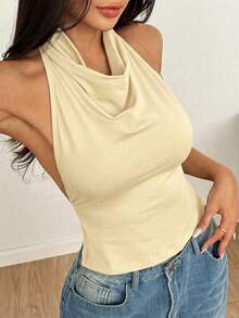 SHEIN Unity Áo hai dây nữ kiểu dáng thường ngày gợi cảm, cổ khoét sâu, cổ xếp ly, lưng hở, buộc dây. - Vàng nhạt - Xem 1