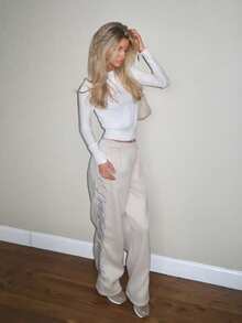 Sydney Algeri Embroidered Pattern Thermal Lined Casual Loose Women Sweatpants, Y2k Sweatpants, Baggy Sweatpants,Fall - Khaki - View 3