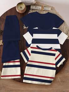 3套幼儿休闲条纹/卡通熊骑士印花短袖短裤套装，非抓绒材质，舒适百搭，适合日常外出，春夏皆宜 - 彩色 - 查看 2