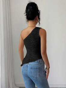 SHEIN Elenzya Top nou pentru femei, primăvară/vară/toamnă, casual, pentru naveta/călătorii, material texturat, tiv asimetric, umeri asimetrici oblici, design decorativ lateral metalic, potrivit pentru femei în toamnă, Ziua Îndrăgostiților, Anul Nou, sărbători, Halloween, Crăciun - Negru - Vizualizare 2