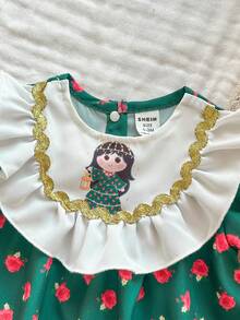 SHEIN Newborn Baby Girl Printed Patchwork White Ruffled Bubble Short Sleeve Dress, Summer New Style - Dark Green - View 5