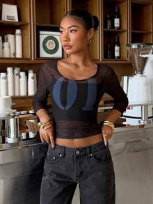 Muchica Women's Black Mesh Fabric Numeric Pattern Tight Fit 3/4 Sleeve T-Shirt, Reversible Front And Back - Black - View 6