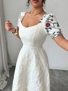 Selianne Women's Floral Embroidery Patchwork Puff Sleeve Ruffle Hem Elegant Dress - Multicolor - View 4