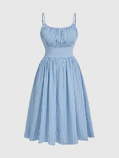 Sweetness Plus Size Plaid Fabric Umbrella Skirt Waist Cinched Strap Maxi Dress, Spring/Summer