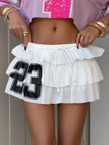 SHEIN Unity Damen Sommer Lässig Mode Street Chic Numerischer Muster Kordelzug Taille Mehrschichtige Volant Saum Mesh atmungsaktiv Mini Rock - Weiss - Übersicht 4