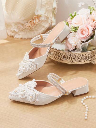 CUCCOO HITCHD 25 cm Vår/Sommar Nya Romantiska Eleganta Spetsig Tå Konstpärldekor Mellanhäl Vita Peep Toe Pumps, Brudskor Alla Hjärtans Dag