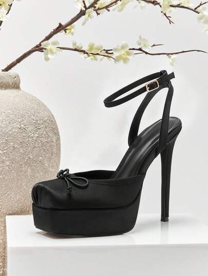 SHUZIA Nuevos zapatos de tacón alto con plataforma, punta cuadrada y correa de tobillo, de satén negro, elegantes y sexys, ideales para vacaciones, primavera y verano, día de San Valentín