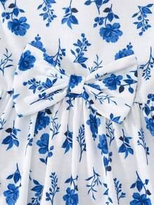 女婴圆领短袖蝴蝶结装饰可爱连衣裙 - 藍色 - 查看 3