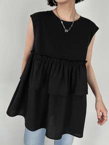 FRIFUL Women's Spring/Summer Short Sleeve Solid Color Layered Ruffle Hem Casual Loose Versatile T-Shirt - Black - View 6