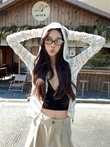 DAZY 韩版女士蕾丝透视小众修身连帽拉链外套 - 灰色 - 查看 1