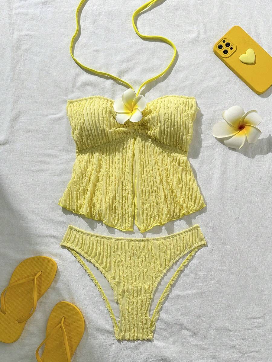 Swim Mod Women's Textured 2 Pieces Bikini Set, Casual Holiday Style - Yellow - View 1