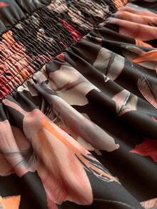 Whyspr Fashionable Square Neck Butterfly Print Sexy Short Sleeve Waist Cinching Printed Dress