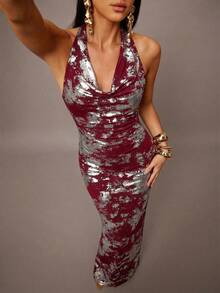 黑色金色系带露背针织连衣裙，金属箔连衣裙，网纱镂空长裙，休闲/约会/外出/夜店派对/聚会装扮，适合圣诞节穿着 - 酒紅色 - 查看 6