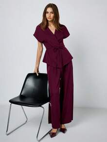 SHEIN Maija Women's Solid Color Minimalist Daily Short Sleeve Top And Pants Suit Pant Suit Summer Sets Co Ord Set Women - Burgundy - View 1