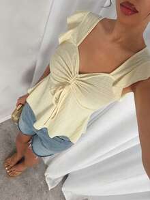 SHEIN Glamour Women's Simple Daily & Vacation Striped Jacquard Knit Flutter Sleeve T-Shirt With Front Drawstring Bowknot, Suitable For Daily Wear And Vacation - Light Yellow - View 5