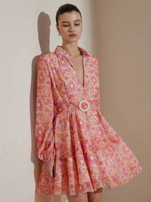 BELROSIE New Arrival Sweet & Cute Ditsy Floral Layered V-Neck Long Sleeve Dress - Multicolor - View 3