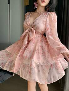 DAZY French Style Pink Floral V-Neck Long Sleeve Dress, Tie-Waist Chiffon A-Line Mini Dress, Spring - Baby Pink - View 6