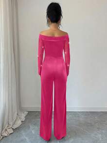 Elenzga Bộ jumpsuit công sở thanh lịch, thoải mái với thiết kế trễ vai phối lưới, điểm nhấn ngọc trai, eo ôm sát, phù hợp cho mùa thu/đông. - Hồng - Xem 2