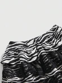 ROMWE J-Fashion Women's Y2K Retro Baddie Zebra Print Super Low Waist Multi-Tier Skirt - Black and White - View 3