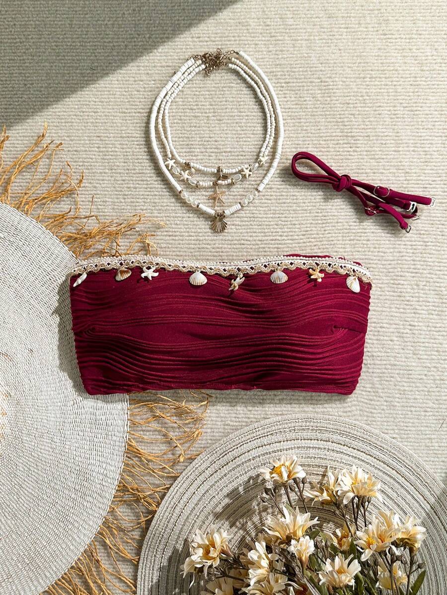 Swim Vcay Textured Solid Color Shell Strap Decor Bandeau Swimwear Top - Burgundy - View 1