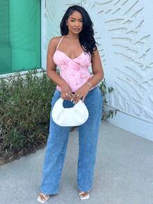 Alexandranx 春夏纯色粉色提花吊带背心，女士细肩带度假背心，提花上衣 - 粉色 - 查看 1