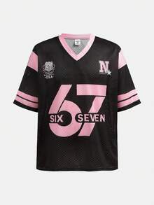 SHEIN Tween Girls T-Shirts 67 Number Football Jersey Style Graphic T-Shirt - Loose Football Jersey Style, Prominent 67 Number Print, Round Neck, Machine Washable, Suitable For Training And Casual Wear All Season