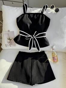 SHEIN 两件套少女黑白条纹吊带背心（腰部蝴蝶结装饰）和短裤，休闲运动套装 - 彩色 - 查看 5